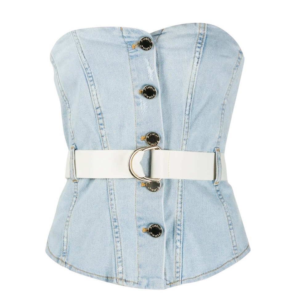 Pinko Comfort Denim Bustier Top Womens 4 Light Wash Blue Strapless Belted‎ Italy